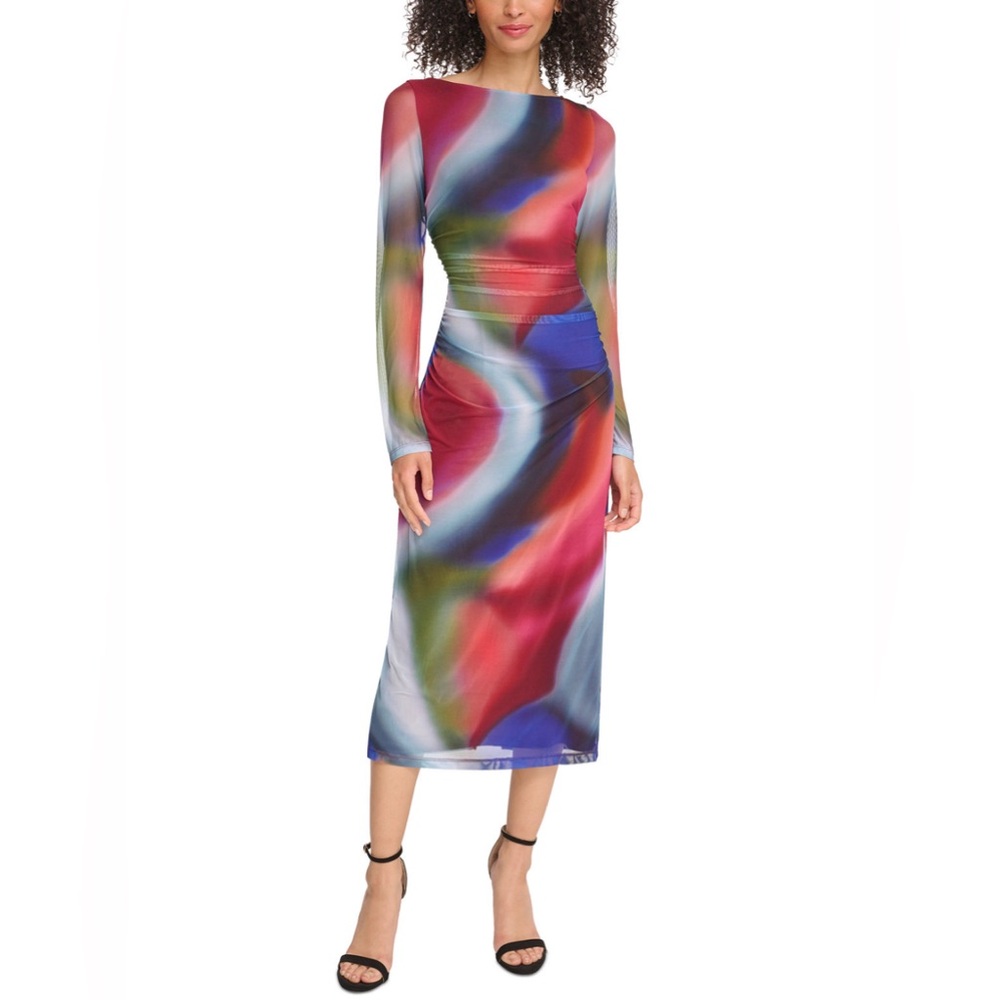 Vince Camuto Ruched Long sleeved Midi Bodycon Dress Sz 12 Color Multi